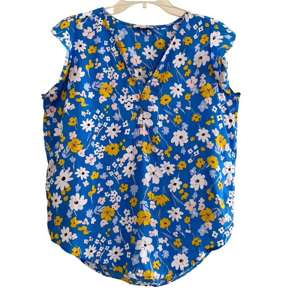 Loft Outlet Womens Medium Blue Floral‎ Flutter Sleeve Button V-Neck Blouse Top